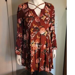 Umgee Dark Floral Cottagecore Boho Flowy Dress Small Rayon Cotton Prairiecore